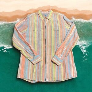 100% Linen Long Sleeve Button Up Ocean & Coast Shirt Stripes Size Large